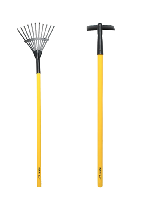 Yellow kids toy hoe next to Yellow kids toy rake